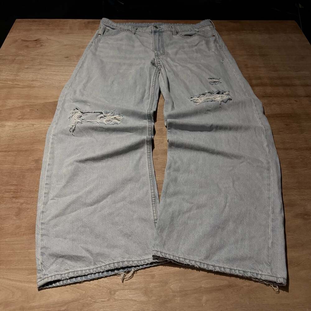 H&M Y2K Baggy Wide Leg Distressed Light Wash Jeans 38x30 Grunge